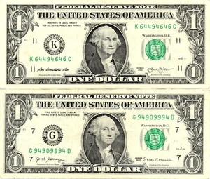 Trinary Fancy Serie Número Uno Billete de Dólar Uno Cinco de una Clase 9s Lote de 2 Billetes - Imagen 1 de 2