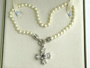 Judith Ripka 18" Pearl Necklace w/Sterling MOP Amethyst Maltese Cross w/Box - Picture 1 of 12
