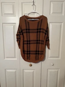 Express Women’s Brown & Black Plaid Drop Shoulder Slouchy Tunic Sweater ~ SMALL! - Picture 1 of 7