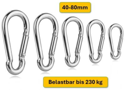 KARABINER HAKEN KARABINERHAKEN SCHNAPPHAKEN Karabiner Edelstahl VA4 Schnapphaken ✅ Karabinerhaken 40-80mm Rostfrei DIN5299