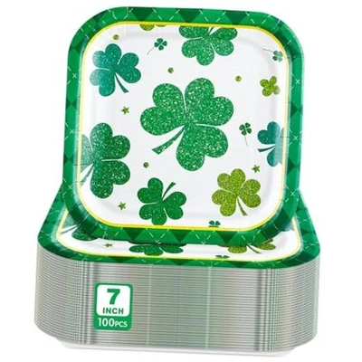 100 Pcs St. Patrick's Day Green Dessert Plates Lucky Shamrock Classic Style - Image 1 of 4
