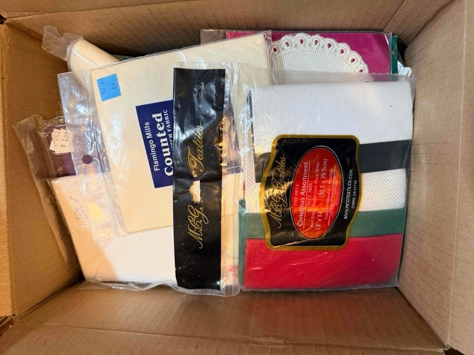 HUGE LOT  Almost 9 pounds high quality cross stitch fabric, MANY NEW IN PACKAGE! - Image 1 of 4