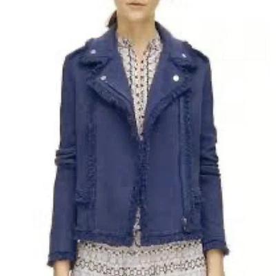 NWT REBECCA TAYLOR Women’s Washed Navy Fringed Tweed Moto Jacket Foto 1 de 4