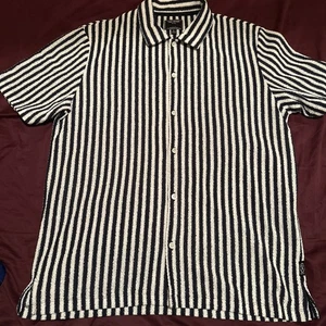 TODD SNYDER NEW YORK Large White/Navy Striped Knit Button Down Shirt - Picture 1 of 5