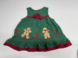 Vtg RARE TOO Green Corduroy Jumper Dress Set Gingerbread Heart Christmas 12 M - Picture 1 of 11