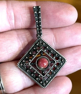 Mikkelborg Norway Sterling Silver 925S Pink Red Stone Pendant Beaded 2" - Picture 1 of 6