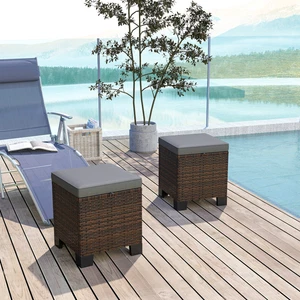 Outsunny Wicker Outdoor Ottoman Footstool Set of 2 with Cushions - Picture 1 of 45