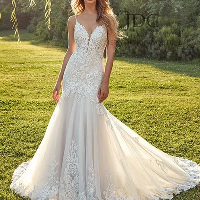 Edles Mermaid Spitze Brautkleid Hochzeitskleid 32-60 Knöpfe Träger Top Qualität - Bild 1 von 4