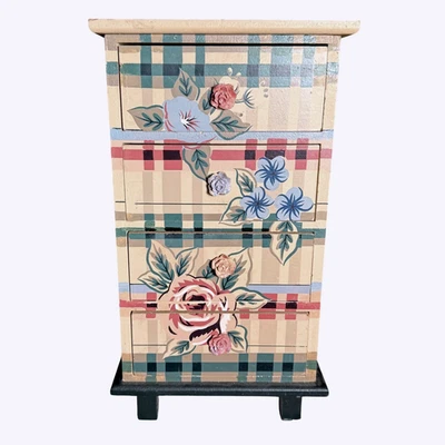 Vintage Hand Painted Floral Plaid Cottagecore 4 Drawer Storage Trinket Jewelry - Image 1 of 4