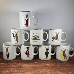 LTD Ceramic Christmas Mugs ~ Santa’s Reindeer ~ Set Of 8 ~ Coffee Tea Hot Cocoa - Picture 1 of 15