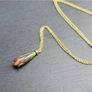 Black Opal Teardrop Pendant Necklace 14K Gold Gold Chain Fiery Multicolor Gem - Picture 1 of 6