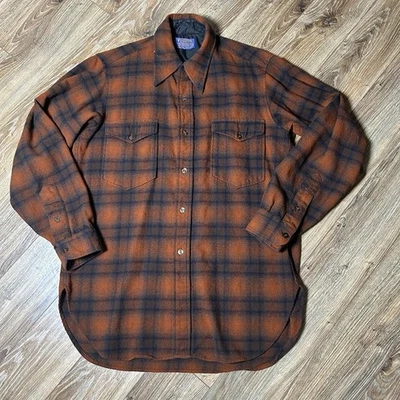 Camisa Pendleton Vintage Para Hombre 15.5 Naranja Cuadros Lana Bolsillo 100% Lana Virgen Foto 1 de 4