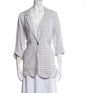 Cynthia Rowley Check Plaid Linen Blazer White Gray Womens Large Coastal Preppy - Picture 1 of 8