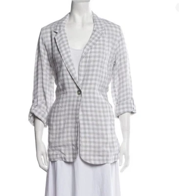 Cynthia Rowley Check Plaid Linen Blazer White Gray Womens Large Coastal Preppy - Image 1 of 4