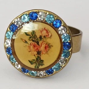 Michal Negrin Ring Roses Blue Shades With Swarovski Crystals Retro Round Gift - Picture 1 of 14