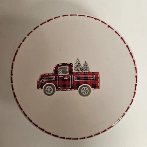 Christmas Red Truck in Plaid Ceramic Storage Bowl w/Ceramic Lid Vintage - Picture 1 of 6