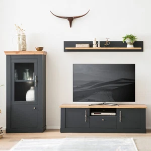 Wohnwand Set Beleuchtung anthrazit Eiche Vitrinenschrank TV-Schrank Bücherregal - Bild 1 von 9