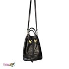 Bags by Pinky Vintage Black Genuine Leather Crossbody Handbag Drawstring Gold HW