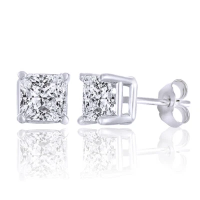 Aretes solitarios de 1/4 quilate corte princesa diamante natural oro blanco 14K Foto 1 de 4
