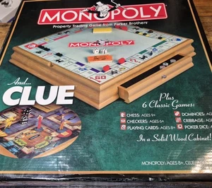 Monopoly & Clue + 6 Classic Games In A Wood Cabinet Complete + Chess Checkers... - Picture 1 of 21