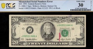 1993 $20 FRN MISMATCH #SERIAL 1966/1666 - Picture 1 of 3