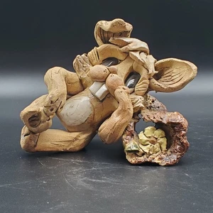 Signed Hinds Clay Rabbit Folk Art Sculpture Whimsical Bunny Figurine - Picture 1 of 9