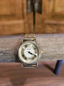 Vin Fossil Ladies ES-8595 Two Tone Roman Dial Calendar Dress Watch Needs Battery - Picture 1 of 4