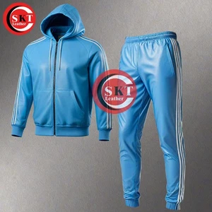 Mens Real Lambskin Sky Blue Leather Track Suit Sweatsuit White Stripes Tracksuit - Picture 1 of 2