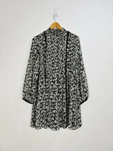 Mint Velvet Dress Women Size 12 Black Ivory Floral Chiffon Long Sleeve High Neck - Picture 1 of 10
