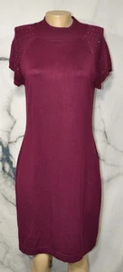 AB STUDIO Burgundy Sweater Dress Large Short Jeweled Sleeves High Ribbed Neck - Picture 1 of 9