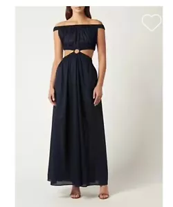 Scanlan Theodore Voile Women's Maxi Dress Off Shoulder Navy Blue Cut Out - Picture 1 of 8
