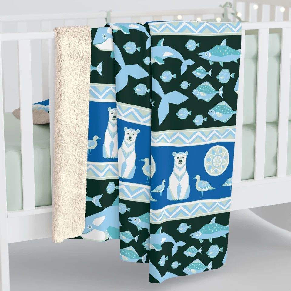 Oso polar asesino ballena patrón de arte popular azul nórdico, acogedora manta polar sherpa Foto 1 de 1