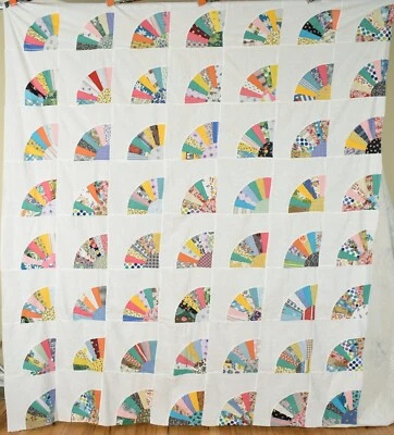 Large 40's "Grandmother's Fan" Antique Quilt Top ~Beautiful Vintage Fabrics! - Image 1 of 4