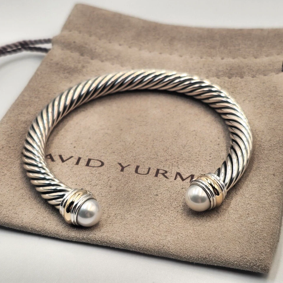 Brazalete David Yurman Plata de Ley 7mm Perla Y Oro 14K Cable Foto 1 de 4