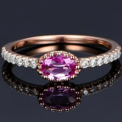 Oval Cut Pink AAA Cz Band Women's 18K Rose Gold Filled Engagement Ring Size 6-10 - Image 1 of 4