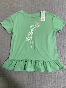 Girls Shirt 10/12 Large NWT Cat & Jack Green Flowers Butterfly Short Sleeve Fun - Picture 1 of 14