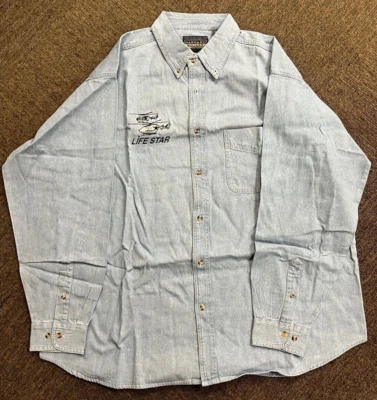 2XL LifeStar Button Down Shirt Harvard Square Demin Look Embroidered Helicopter - Image 1 of 4