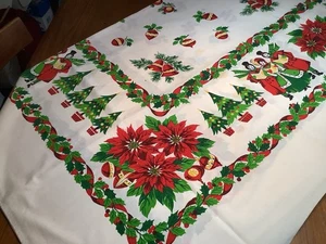 Vintage White Christmas Cotton Tablecloth Carolers,  MCM Trees, Holly, 56x88 - Picture 1 of 11