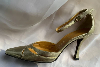 WALTER STEIGER VINTAGE SHOES ALL LEATHER IN GOLD ANKLE STRAP CUT-OUTS 7.5 ITALY - Image 1 of 4