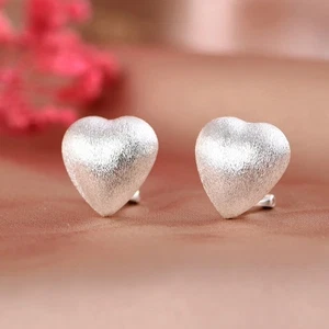 Sterling Silver Heart Hoop Omega Back Clip Earrings Matt White for Women F1465 - Picture 1 of 9