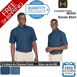 🔥 Harriton Men Denim Shirt Left-chest pocket Button-down Up To 4XL M550S - Picture 1 of 11