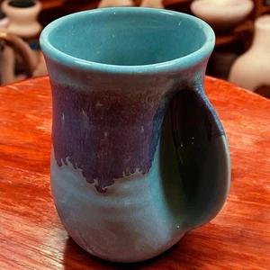 Handmade Pottery Mug Signed 2021 Studio Art Glaze Turquoise Purple 6” Coffee Cup - Picture 1 of 5