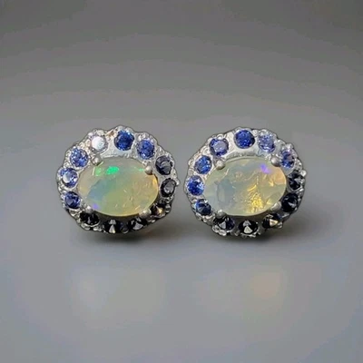 Серьги-постеры из стерлингового серебра 925 пробы с натуральным радужным опалом 0804 - Изображение 1 из 4