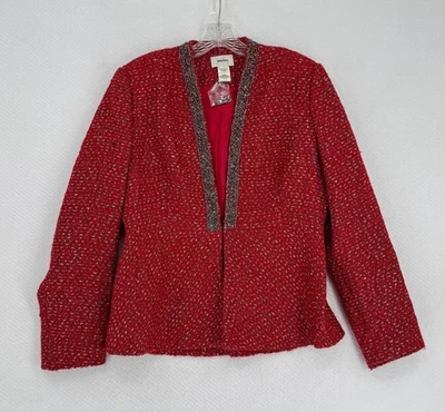 Chaqueta Blazer Neiman Marcus Exclusiva Sarga Roja Metálica Con Cuentas Talla L Foto 1 de 4