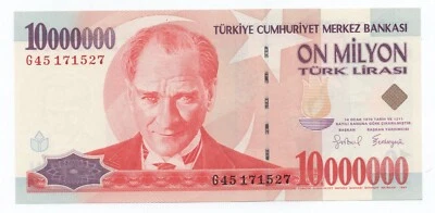Turkey 10000000 Lira L.1970 (1999) Pick 214 UNC Uncirculated Banknote Serial G45 - Image 1 of 2