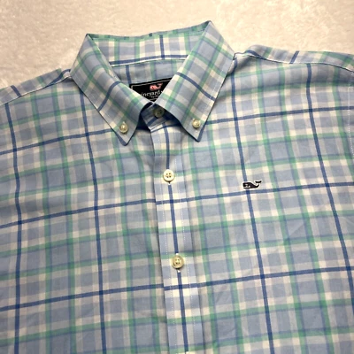 Vineyard Vines Whale Button Down Long Sleeve Cotton Shirt Youth 20 Blue Plaid - Image 1 of 4