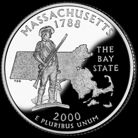 A 2000 S Massachusetts 90% SILVER Deep Cameo "PROOF" State Quarter US Mint Coin Cover