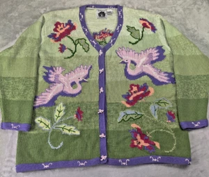 Storybook Knits Women 2X "Cranes of Good Fortune" Cardigan Sweater VTG 90s - Picture 1 of 21