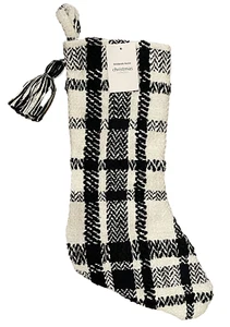 NEU Kirkland's 20" KARIERTER WEIHNACHTSSTRUMPF Urlaub schwarz & weiß Bommel - Bild 1 von 5