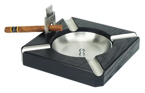 Black Wooden Cigar Square Wooden Ashtray Ash Tray Gloss Stainless Steel 40c - Picture 1 of 7